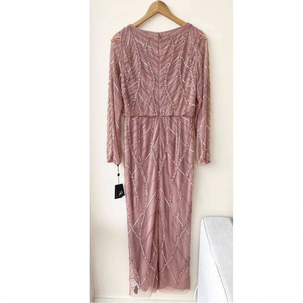 Adrianna Papell Pink Beaded Long Sleeve Gown - Picture 4 of 9
